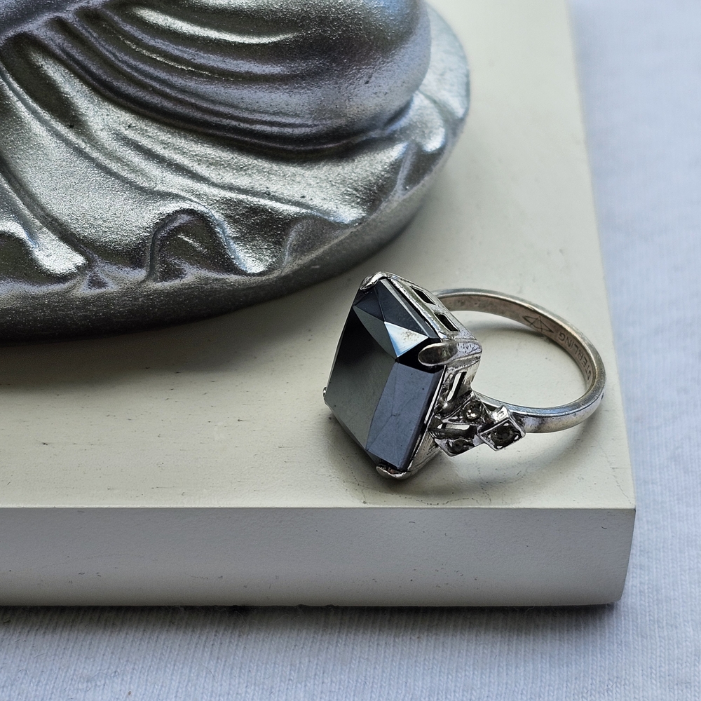 Vintage Ladie's Sterling Silver 925 Hemotite With Rhinestones Art Deco Ring Sz 4